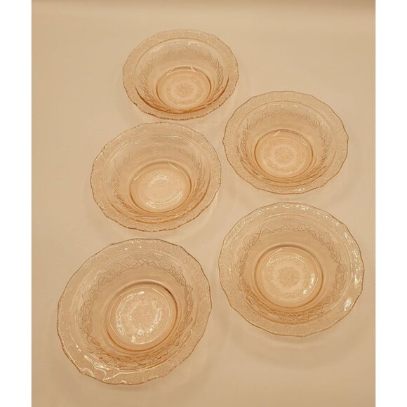 5 Federal Glass NORMANDIE Bouquet and Lattice Pink Small Berry Bowl 5” - Picture 4 of 11